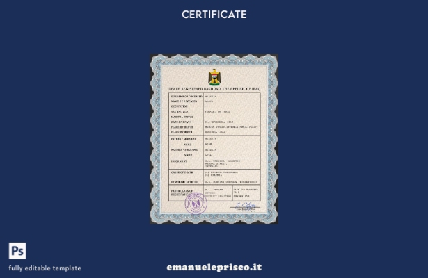 Modello PSD del certificato di morte del documento di stato civile iracheno in s